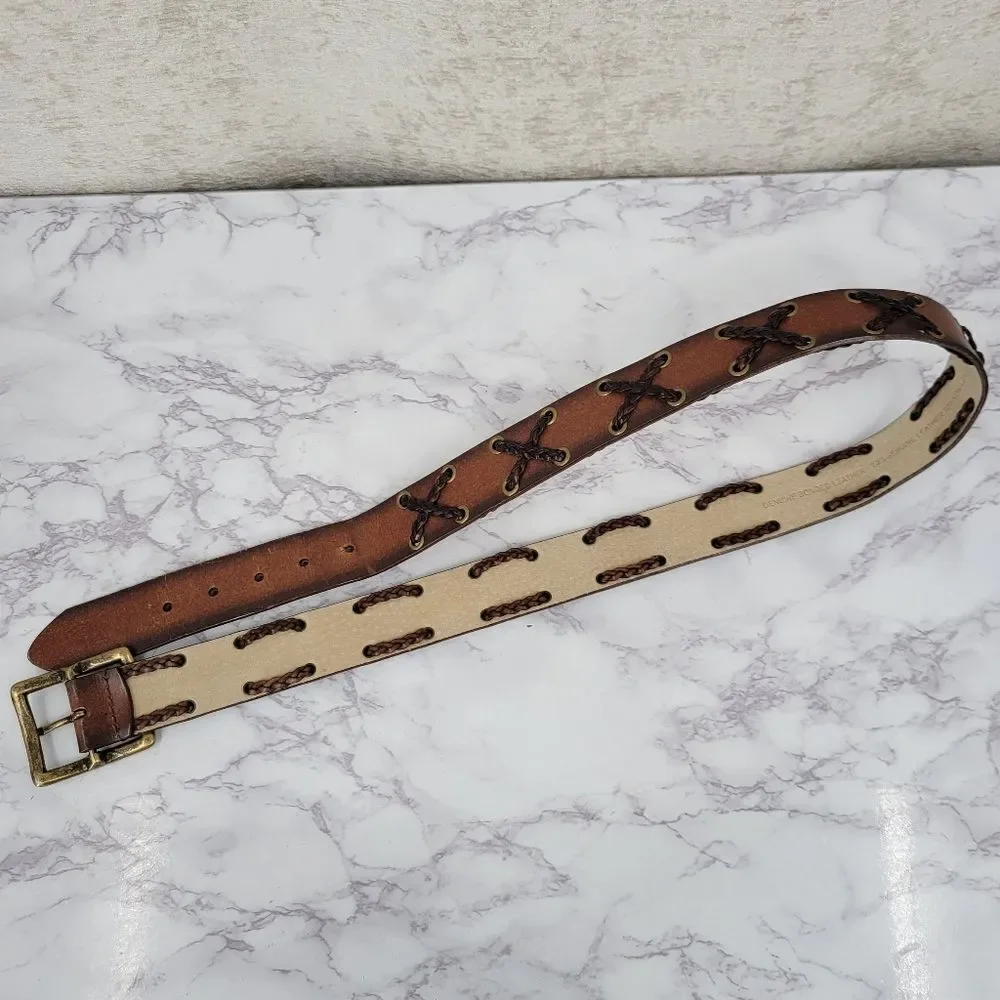 Brown Bonded Leather Belt with Brass Buckle Braided X Design Western
